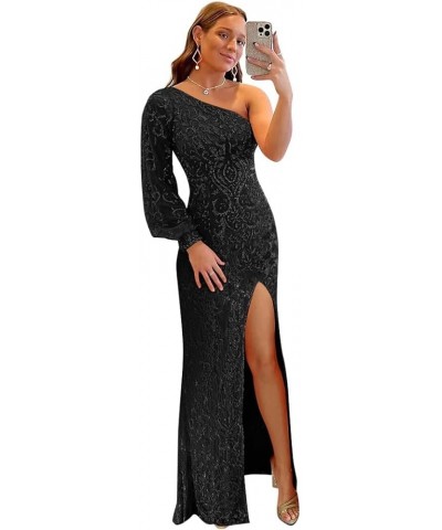 Sparkly Sequin One Shoulder Prom Dresses for Women Puffy Sleeves Long Formal Evening Gowns DI88 Black $28.60 Dresses