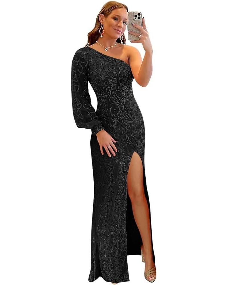 Sparkly Sequin One Shoulder Prom Dresses for Women Puffy Sleeves Long Formal Evening Gowns DI88 Black $28.60 Dresses