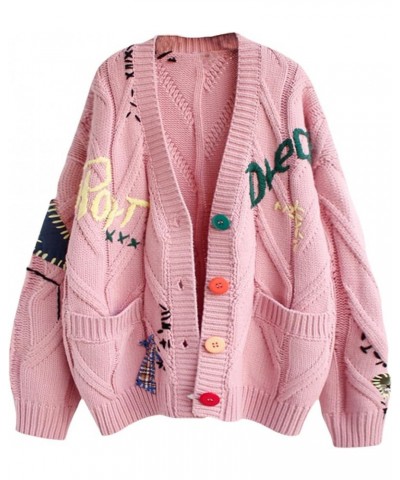 Women's Cute Cable Knit Long Sleeve Open Front Cardigan V Neck Colorful Button Embroidered Knitted Sweater Coat Pocket Pink $...