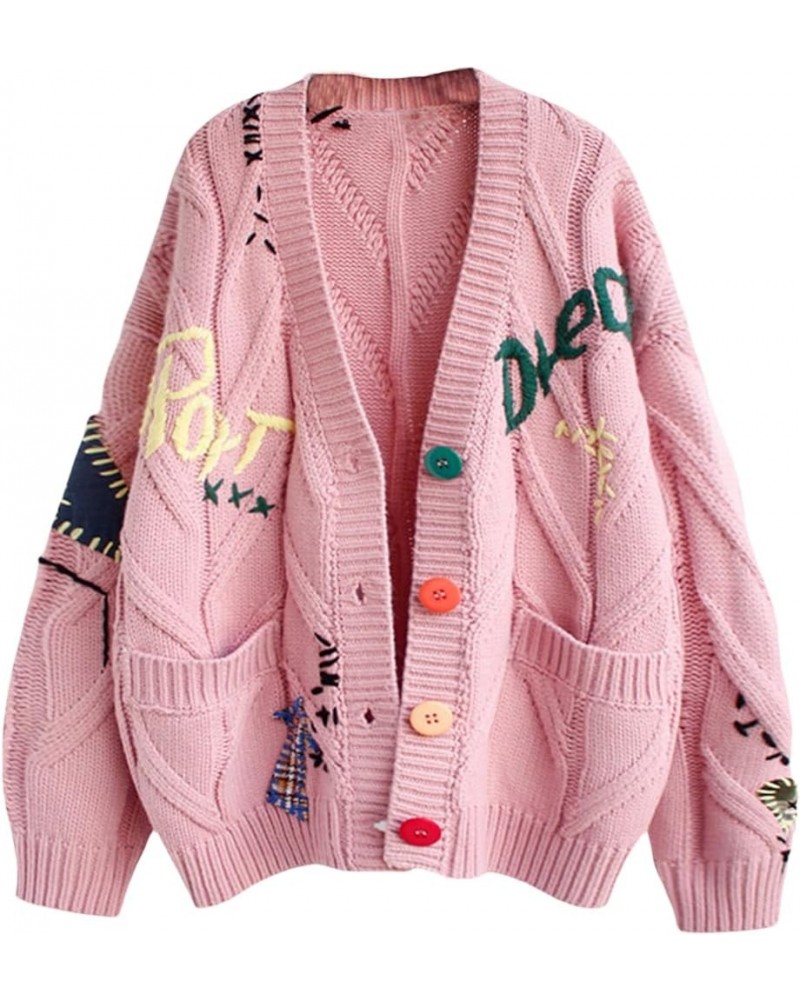 Women's Cute Cable Knit Long Sleeve Open Front Cardigan V Neck Colorful Button Embroidered Knitted Sweater Coat Pocket Pink $...