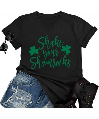 Shake Your Shamrocks T Shirt Women Funny St. Patrick's Day Irish T-Shirt V-Neck Letter Print Shamrock Shirt Tee Tops Black $1...