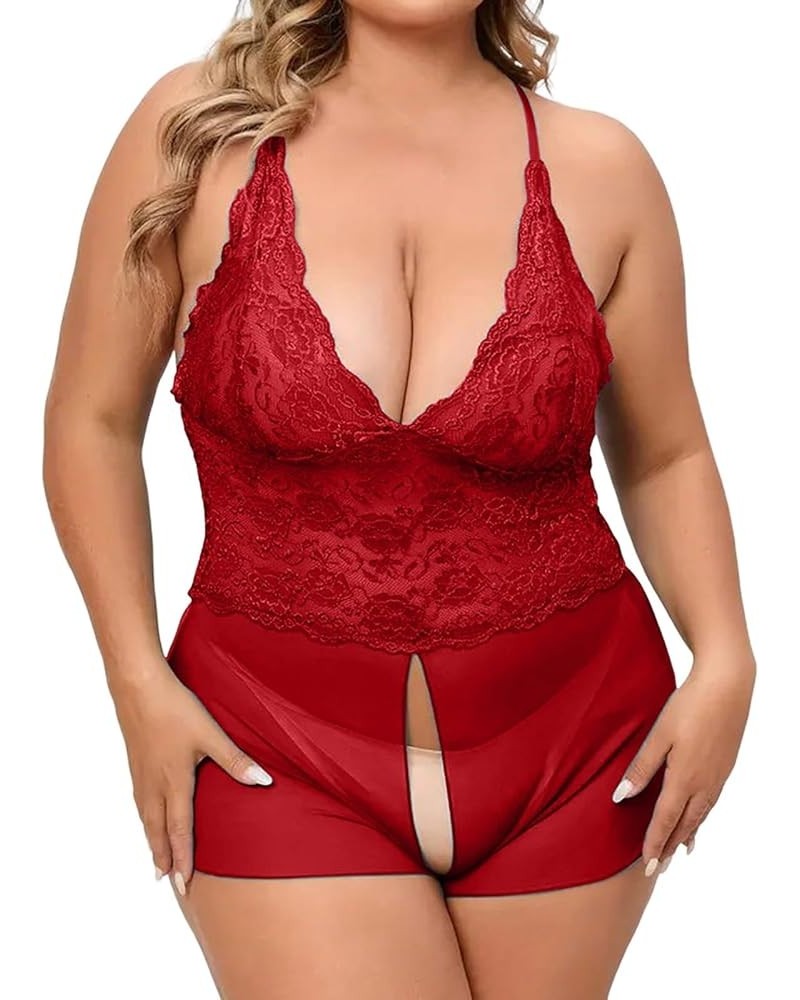 See Through Lingerie For Women Plus Size Lace Open Crotch Strap European And American Sexy Large Size Fun Unde Red $5.00 Others