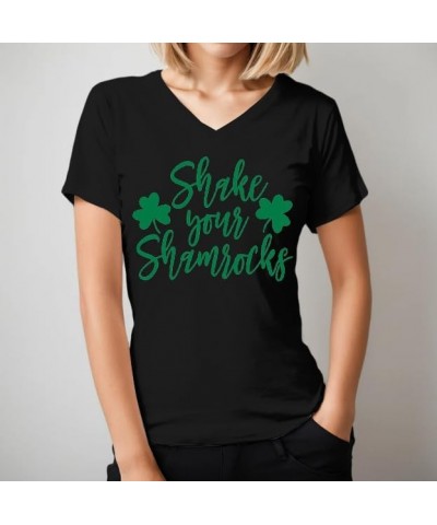 Shake Your Shamrocks T Shirt Women Funny St. Patrick's Day Irish T-Shirt V-Neck Letter Print Shamrock Shirt Tee Tops Black $1...