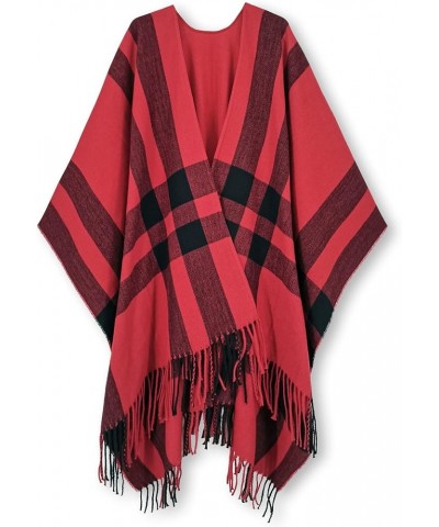 Women's Travel Plaid Shawl Wrap Open Front Poncho Cape for Fall Winter B Red2 $18.89 Sweaters