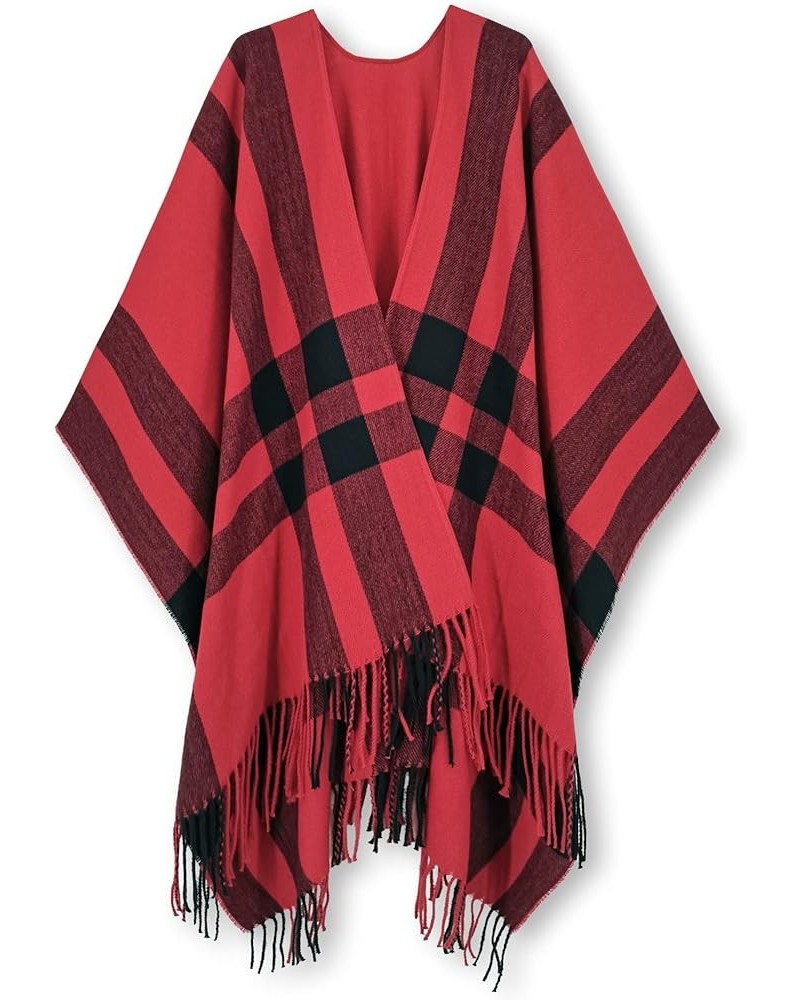 Women's Travel Plaid Shawl Wrap Open Front Poncho Cape for Fall Winter B Red2 $18.89 Sweaters