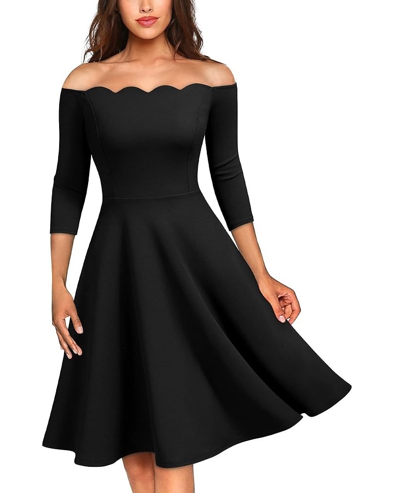 Women's Vintage Cocktail Party Half Sleeve Boat Neck Swing Dress Black $20.64 Dresses