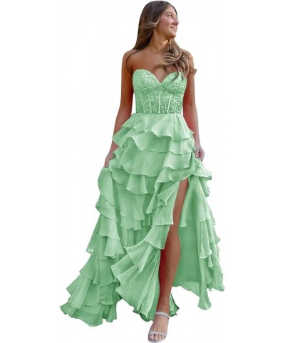 Lace Strapless Corset Prom Dresses for Women 2024 Long Tiered Ruffle Chiffon Formal Evening Dress with Slit Mint Green $47.31...