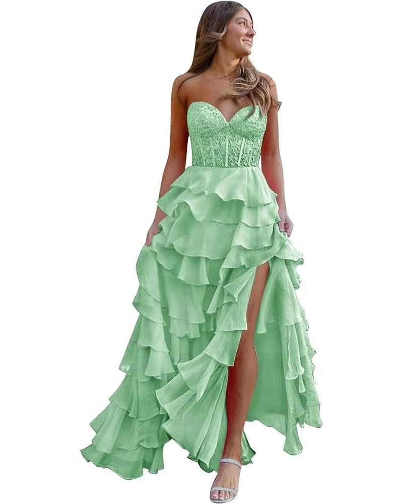 Lace Strapless Corset Prom Dresses for Women 2024 Long Tiered Ruffle Chiffon Formal Evening Dress with Slit Mint Green $47.31...