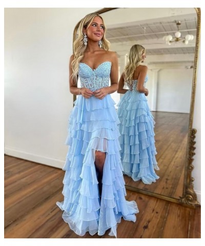 Lace Strapless Corset Prom Dresses for Women 2024 Long Tiered Ruffle Chiffon Formal Evening Dress with Slit Mint Green $47.31...