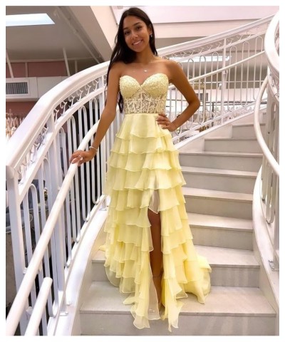 Lace Strapless Corset Prom Dresses for Women 2024 Long Tiered Ruffle Chiffon Formal Evening Dress with Slit Mint Green $47.31...