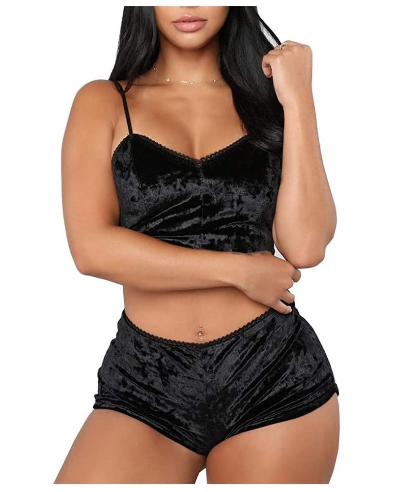 Women's Velvet 2 Piece Outfit Spaghetti Strap Sleeveless Crop Top Camisole and Shorts Pajamas Set Sleepwear Nightwear Black $...