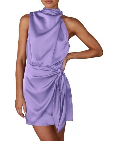 Women's Short Formal Satin Dress Summer Sleeveless Mock Neck Tie Waist Cocktail Party Dresses Purple $33.67 Dresses