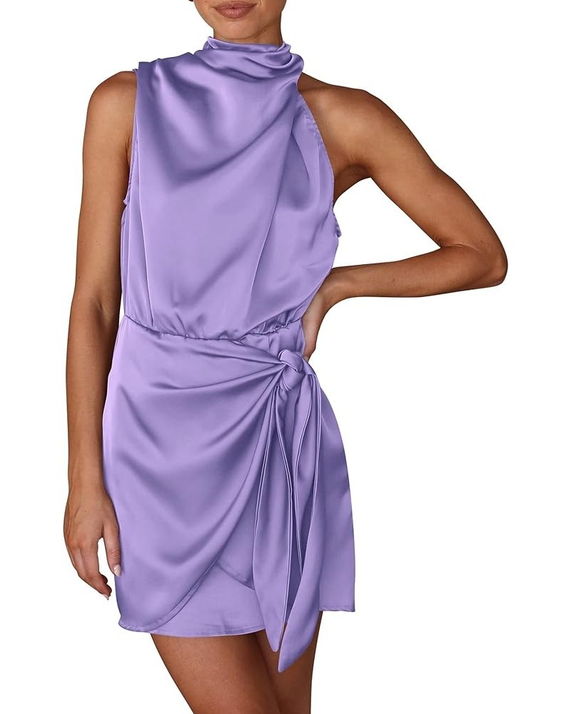 Women's Short Formal Satin Dress Summer Sleeveless Mock Neck Tie Waist Cocktail Party Dresses Purple $33.67 Dresses