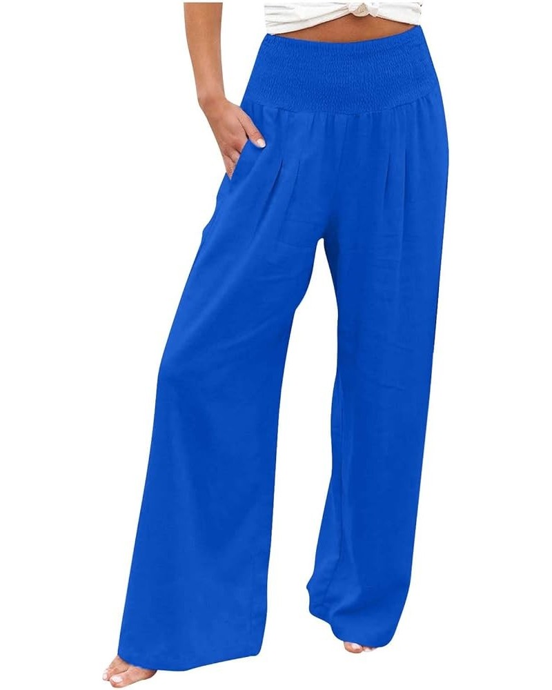 Linen Pants Women Summer Casual High Waisted Wide Leg Palazzo Pants Lounge Loose Flowy Beach Pants with Pockets 1 Blue $9.00 ...