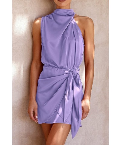 Women's Short Formal Satin Dress Summer Sleeveless Mock Neck Tie Waist Cocktail Party Dresses Purple $33.67 Dresses