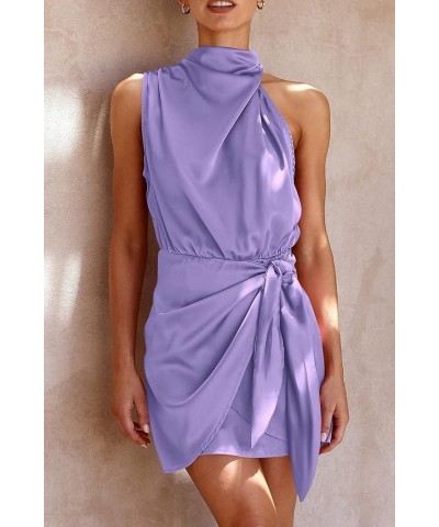 Women's Short Formal Satin Dress Summer Sleeveless Mock Neck Tie Waist Cocktail Party Dresses Purple $33.67 Dresses