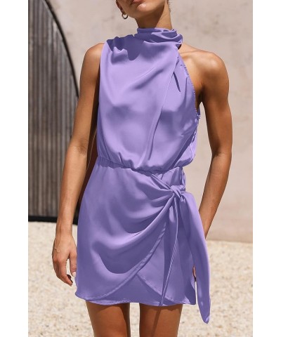 Women's Short Formal Satin Dress Summer Sleeveless Mock Neck Tie Waist Cocktail Party Dresses Purple $33.67 Dresses