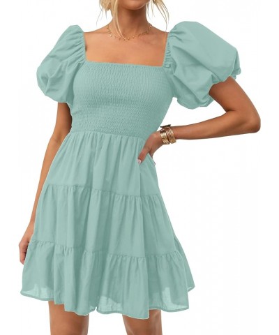 Women's 2024 Boho Summer Square Neck Puff Sleeve Off Shoulder Smocked Tiered Casual A Line Short Mini Dress Sage $22.67 Dresses