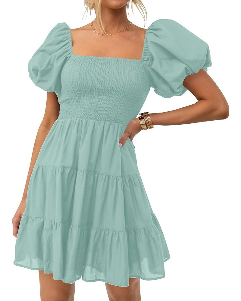 Women's 2024 Boho Summer Square Neck Puff Sleeve Off Shoulder Smocked Tiered Casual A Line Short Mini Dress Sage $22.67 Dresses