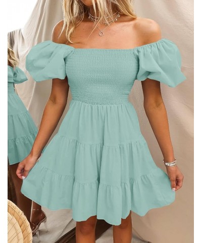 Women's 2024 Boho Summer Square Neck Puff Sleeve Off Shoulder Smocked Tiered Casual A Line Short Mini Dress Sage $22.67 Dresses