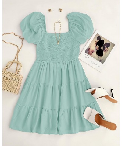 Women's 2024 Boho Summer Square Neck Puff Sleeve Off Shoulder Smocked Tiered Casual A Line Short Mini Dress Sage $22.67 Dresses