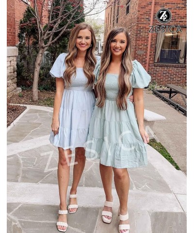 Women's 2024 Boho Summer Square Neck Puff Sleeve Off Shoulder Smocked Tiered Casual A Line Short Mini Dress Sage $22.67 Dresses