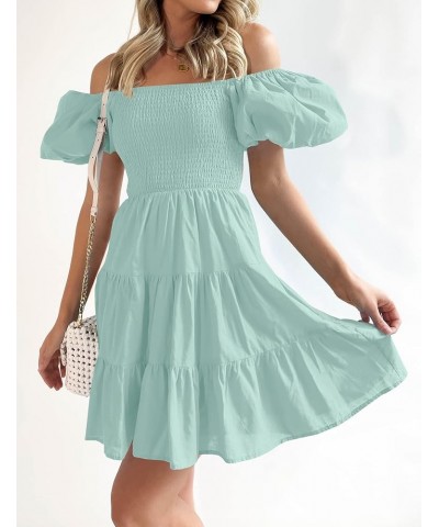 Women's 2024 Boho Summer Square Neck Puff Sleeve Off Shoulder Smocked Tiered Casual A Line Short Mini Dress Sage $22.67 Dresses