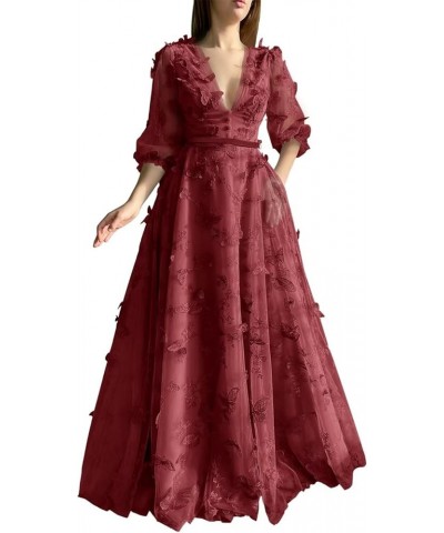 3D Butterfly Tulle Prom Dresses for Women Lace Applique Puffy Sleeve V Neck Long Formal Evening Gowns Burgundy $38.24 Dresses