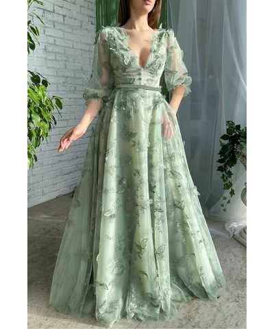 3D Butterfly Tulle Prom Dresses for Women Lace Applique Puffy Sleeve V Neck Long Formal Evening Gowns Burgundy $38.24 Dresses