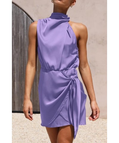 Women's Short Formal Satin Dress Summer Sleeveless Mock Neck Tie Waist Cocktail Party Dresses Purple $33.67 Dresses