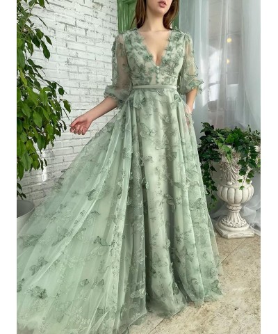 3D Butterfly Tulle Prom Dresses for Women Lace Applique Puffy Sleeve V Neck Long Formal Evening Gowns Burgundy $38.24 Dresses