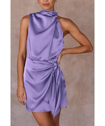 Women's Short Formal Satin Dress Summer Sleeveless Mock Neck Tie Waist Cocktail Party Dresses Purple $33.67 Dresses