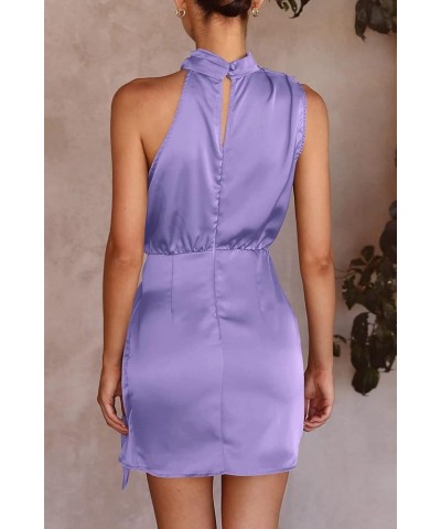 Women's Short Formal Satin Dress Summer Sleeveless Mock Neck Tie Waist Cocktail Party Dresses Purple $33.67 Dresses