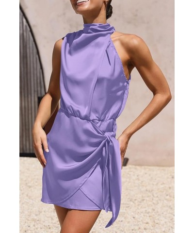 Women's Short Formal Satin Dress Summer Sleeveless Mock Neck Tie Waist Cocktail Party Dresses Purple $33.67 Dresses