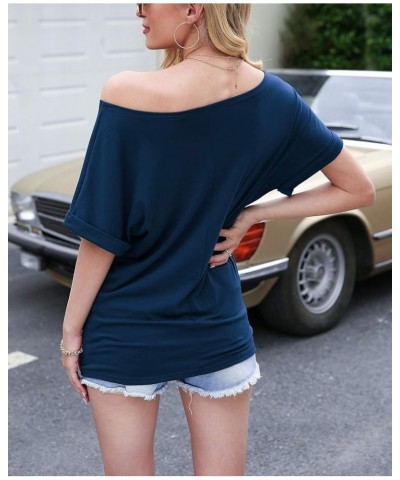 Women's Off The Shoulder Tops Sexy Long Sleeve Shirts Oversized Fashion Casual Batwing Sweaters Pullover Tunic Tops Z-z Navy ...