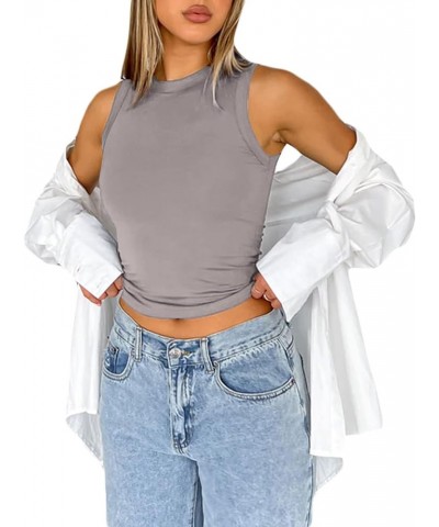 Women's Sleelveless Cutout Tank Top Ribbed Knit Y2k Crop Tops Crewneck Slim Camis Shirts B Light Grey $9.85 Tanks