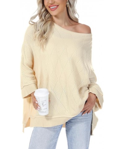 Women Slouchy Batwing Sleeve Sweater Casual Crewneck Spilt Asymmetric Hem Knit Tunic Pullover Sweater Tops Apricot $22.67 Swe...