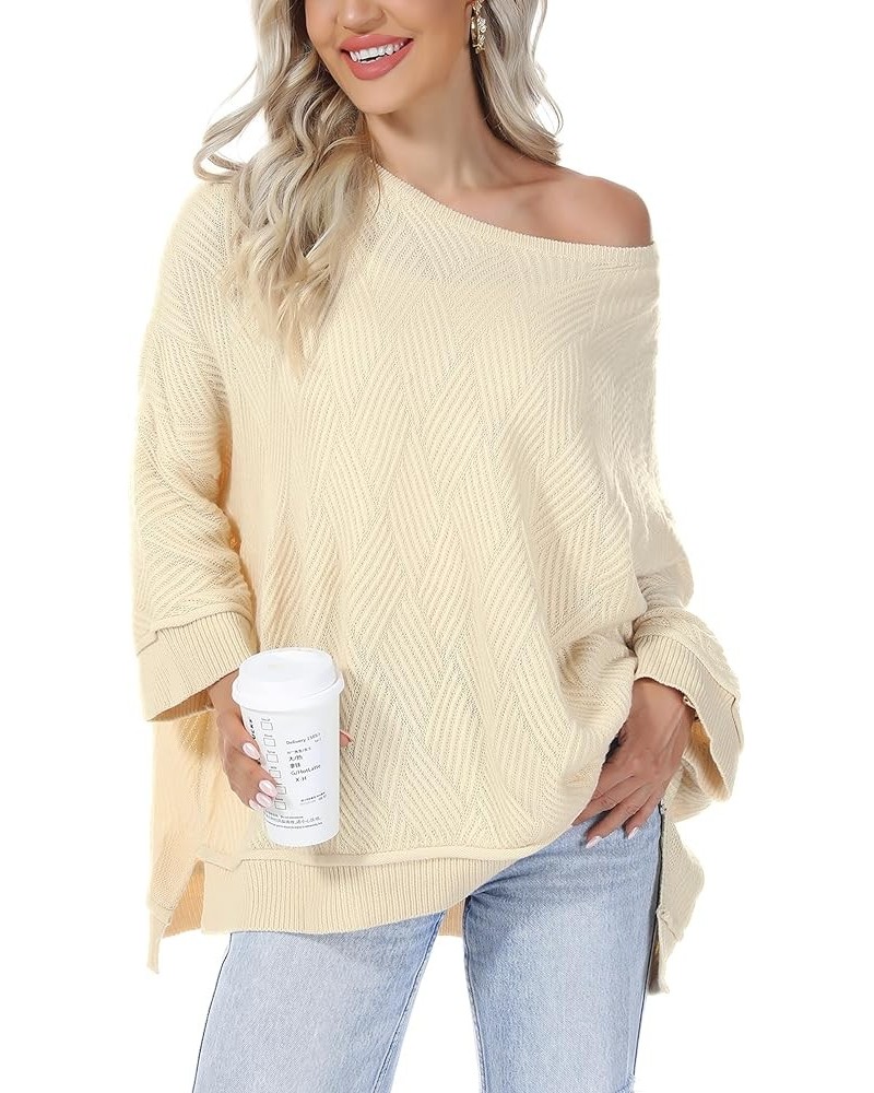 Women Slouchy Batwing Sleeve Sweater Casual Crewneck Spilt Asymmetric Hem Knit Tunic Pullover Sweater Tops Apricot $22.67 Swe...