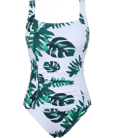 Women's One Piece Swimsuit Shirred Tummy Control Bathing Suit Tank Modest Swimwear White&green Leaves $23.99 Swimsuits