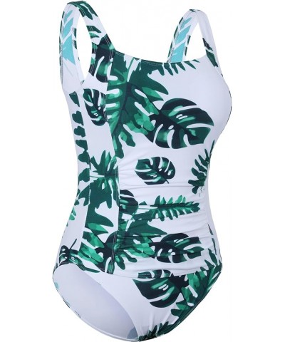 Women's One Piece Swimsuit Shirred Tummy Control Bathing Suit Tank Modest Swimwear White&green Leaves $23.99 Swimsuits