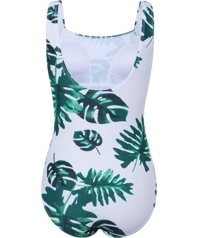 Women's One Piece Swimsuit Shirred Tummy Control Bathing Suit Tank Modest Swimwear White&green Leaves $23.99 Swimsuits