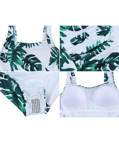 Women's One Piece Swimsuit Shirred Tummy Control Bathing Suit Tank Modest Swimwear White&green Leaves $23.99 Swimsuits