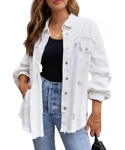 Ripped Fringe Jean Jacket Women Distressed Washed Button Down Frayed Denim Shacket with Pocket White $23.39 Jackets