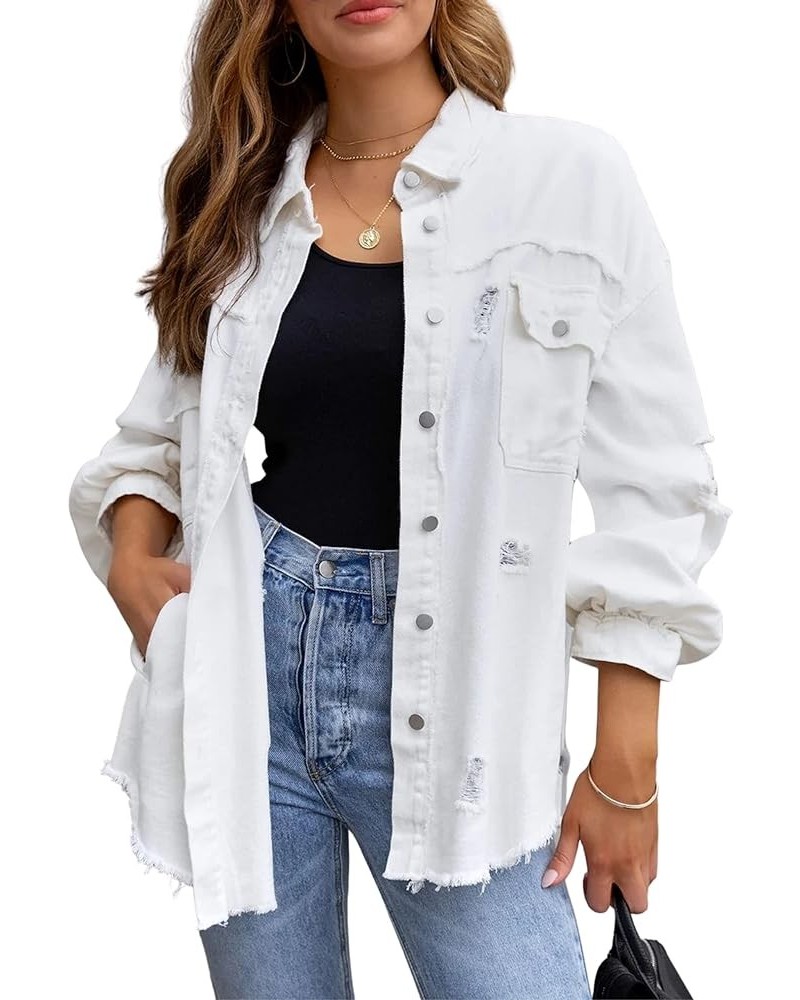 Ripped Fringe Jean Jacket Women Distressed Washed Button Down Frayed Denim Shacket with Pocket White $23.39 Jackets