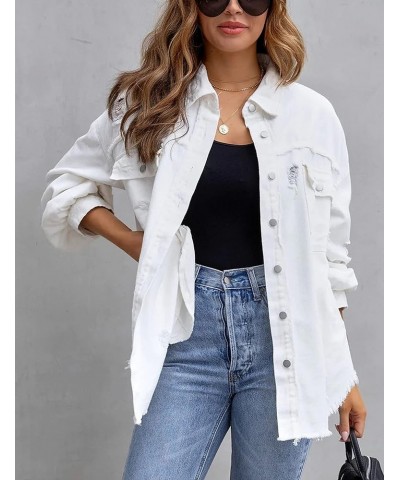 Ripped Fringe Jean Jacket Women Distressed Washed Button Down Frayed Denim Shacket with Pocket White $23.39 Jackets