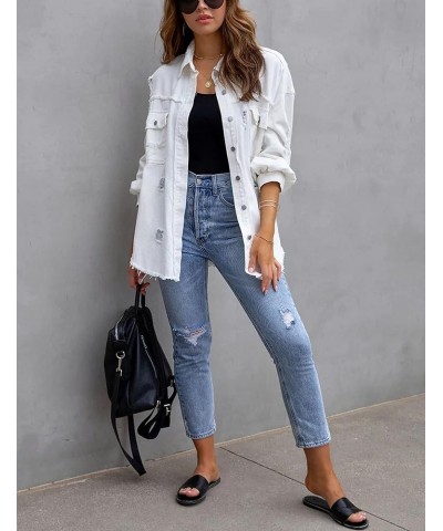 Ripped Fringe Jean Jacket Women Distressed Washed Button Down Frayed Denim Shacket with Pocket White $23.39 Jackets