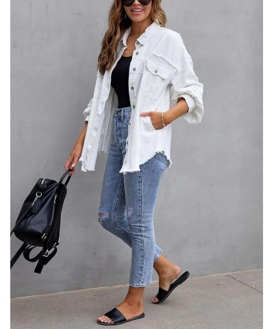 Ripped Fringe Jean Jacket Women Distressed Washed Button Down Frayed Denim Shacket with Pocket White $23.39 Jackets