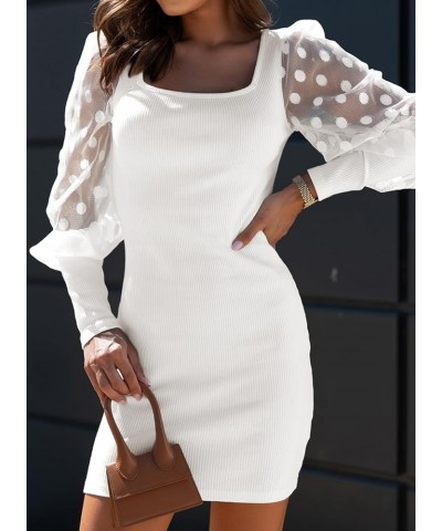 Womens Square Neck Polka Dot Balloon Long Sleeve Knit Ribbed Mini Bodycon Dresses White $20.64 Dresses