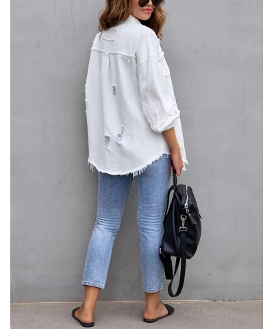 Ripped Fringe Jean Jacket Women Distressed Washed Button Down Frayed Denim Shacket with Pocket White $23.39 Jackets