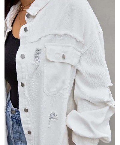 Ripped Fringe Jean Jacket Women Distressed Washed Button Down Frayed Denim Shacket with Pocket White $23.39 Jackets